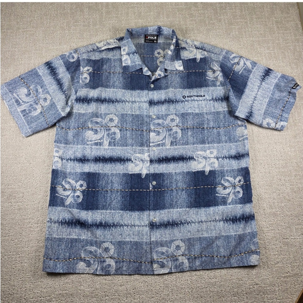 Southpole Mens XL Blue White Acid Wash Logo AOP Short Sleeve Button Up Shirt Y2K